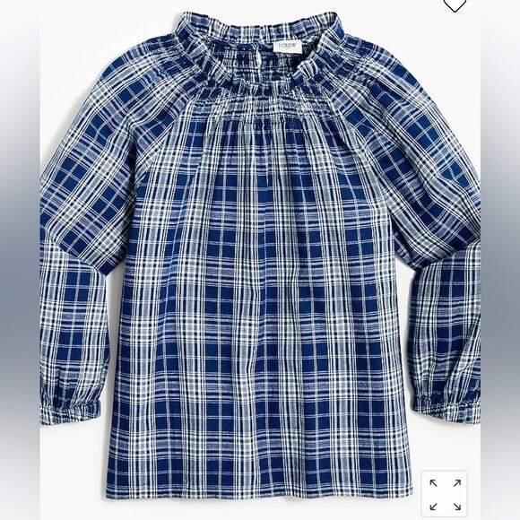 J Crew Plaid Smocked Ruffleneck Top Ansley Blue Wash Ballon 3/4 Sleeve High Neck - Picture 16 of 16